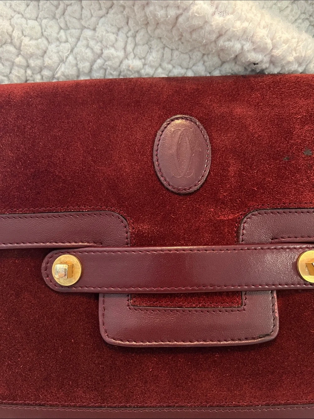 Cartier Burgundy Suede Crossbody Clutch with Gold Hardware - Picture 2 of 14